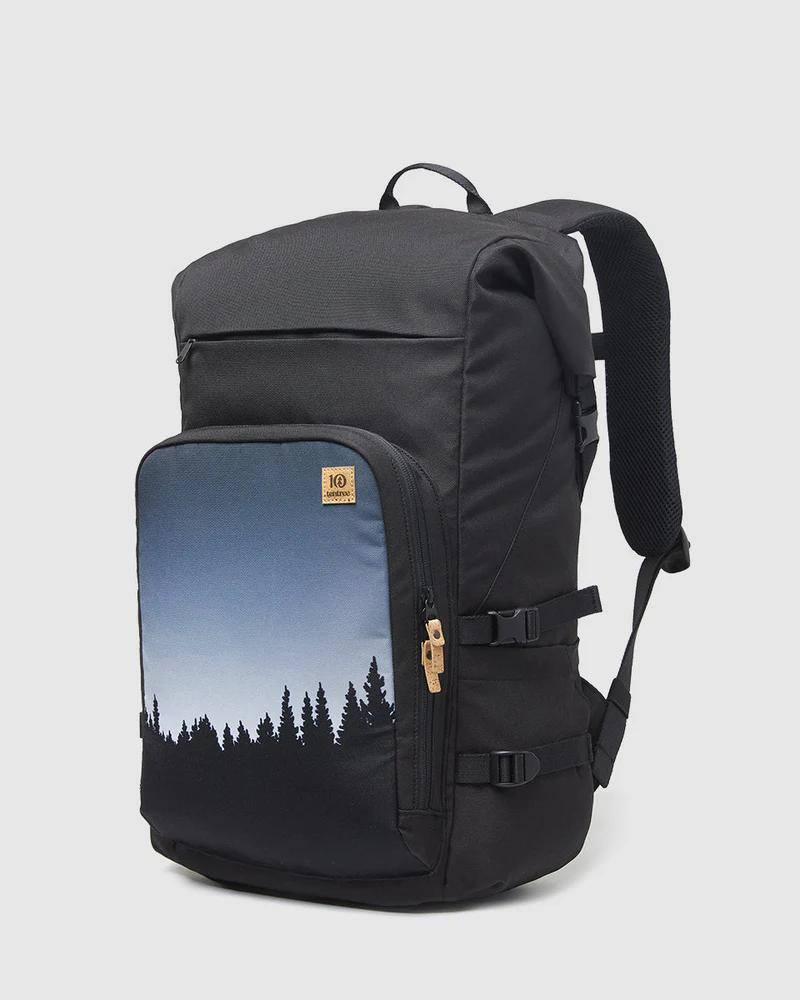 Mobius 35L Backpack in Meteorite Black - Front view showing sleek design and sustainable materials